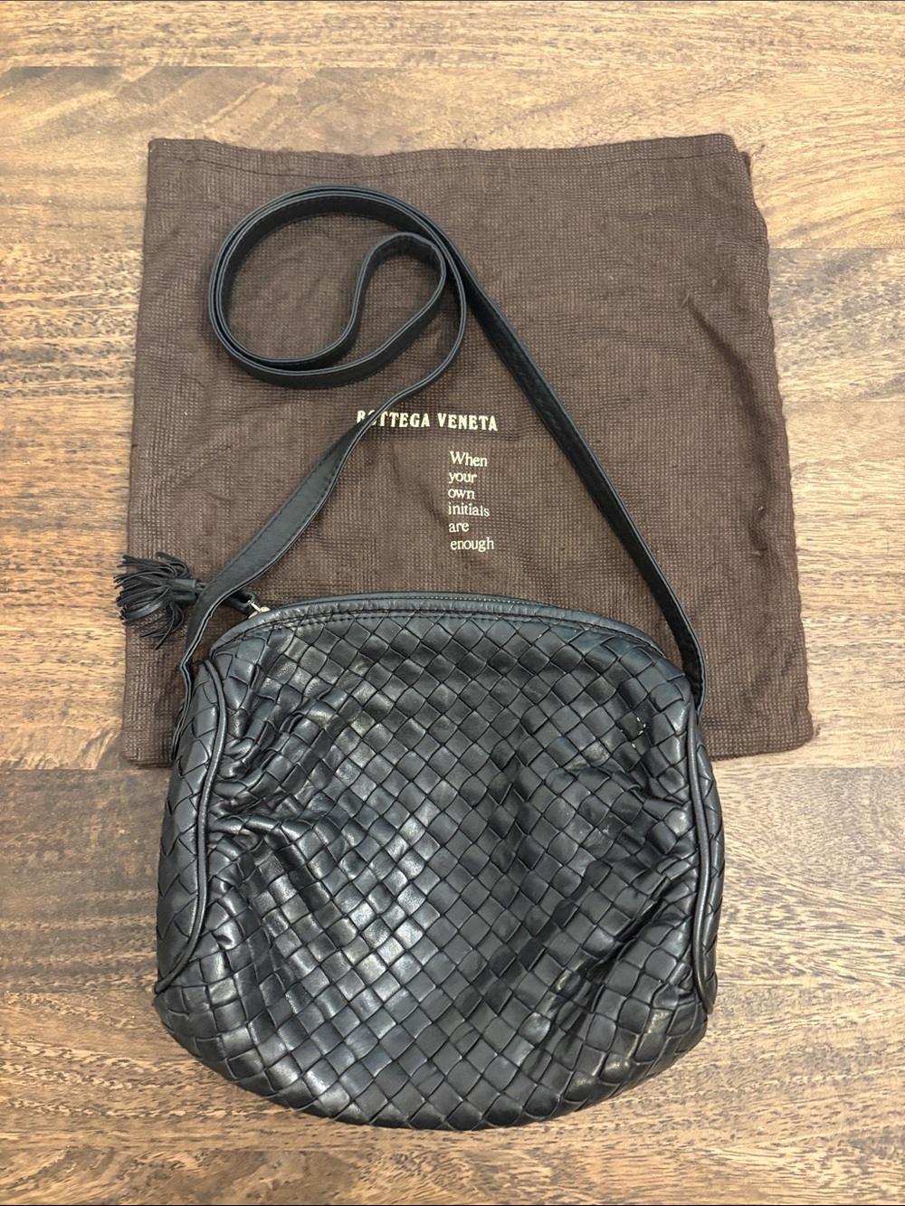 Bottega Veneta Vintage Black Intrecciato Leather Crossbody Bag